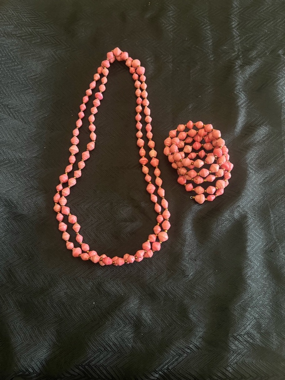 Hand Crafted Coral Pink Beaded Necklace and Bracelet Set